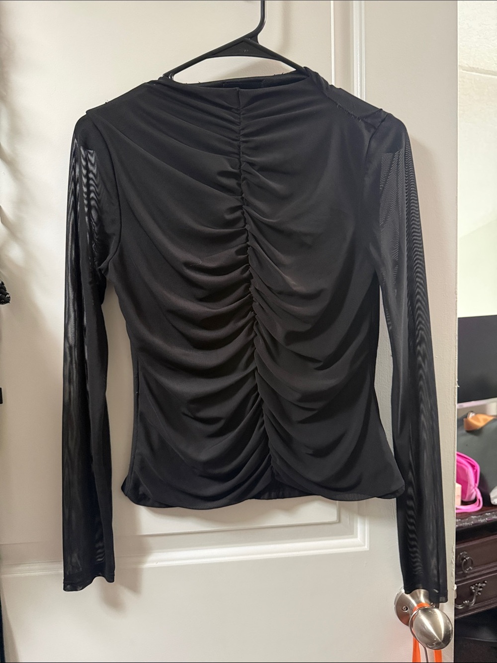 Eleventy Black Ruched Long-Sleeve Mesh Panel Top